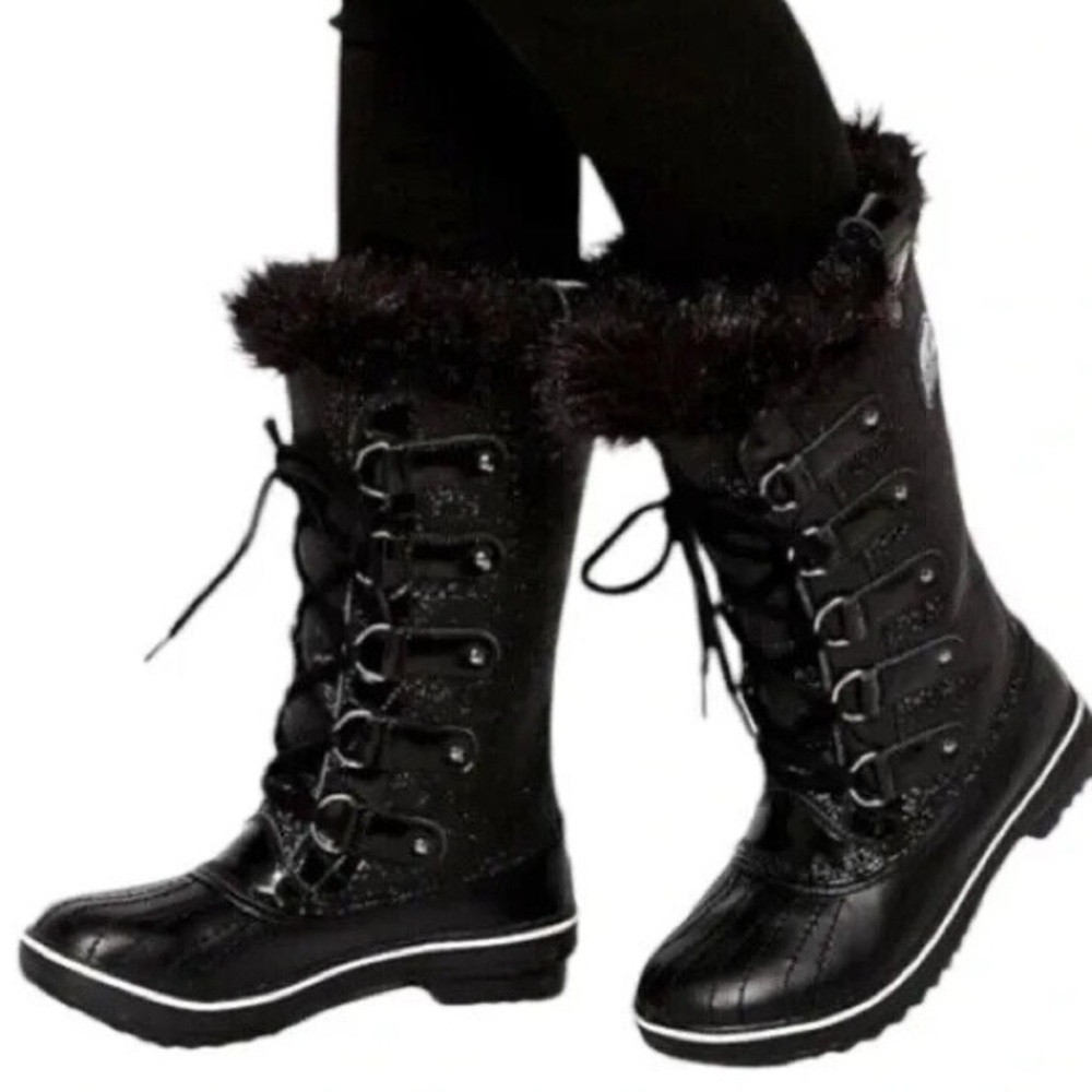 Sorel Tofino Glitter Black Lace Up Fur Trim Winter Snow Waterproof Boots